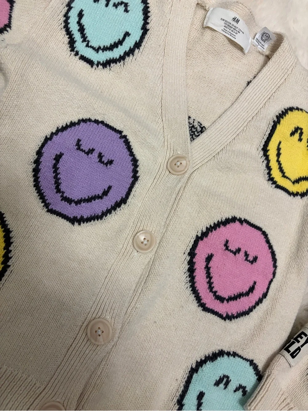 H&M Smiley World Cream Cardigan with Pastel Smiley Faces